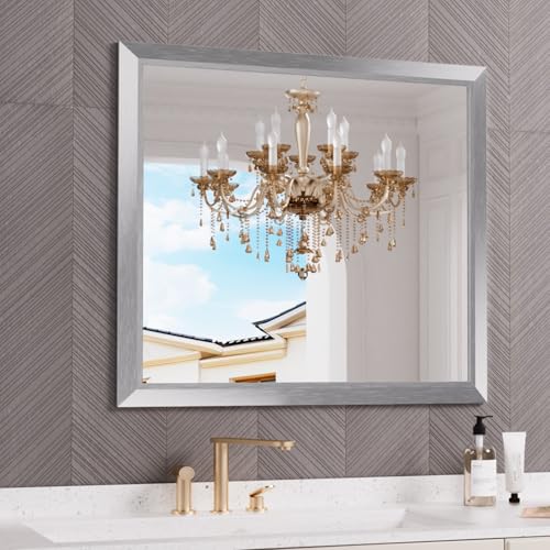 Amorho Bathroom Mirror for Wall 40x36 Inch, Brushed Silver Metal Framed - color: Silver, size: 40"L x 36"W