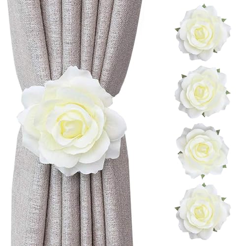 Magnetic Curtain Tiebacks, Rose Flower Tie Backs Rope for Curtains, Elegant 4 Pack Decorative Holdbacks Holders, Home Decor Thin or Sheer Window Drapries Bed Canopy (Champagne) - color: Ivory-4 Pack