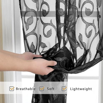 OWENIE Furman Black Sheer Curtains 54 inch Length for Living Room Bedroom 2 Panels Set, Lightweight Small Window Curtains with Geometric Jacquard Clip Voile Curtains, Dual Rod Pocket, 28Wx54L inch - color: Black, size: 28"W x 54"L (Pack of 2)