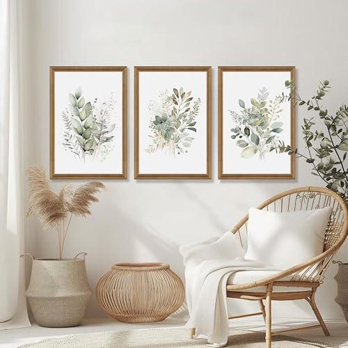 WRFON Framed Sage Green Botanical Wall Art Set of 3, Watercolor Eucalyptus & Wild Plant Canvas Prints, Minimalist Green Wall Decor for Living Room Bedroom Bathroom, 20x30 Inches - color: Sage Green(Framed), size: 30"L x 20"W