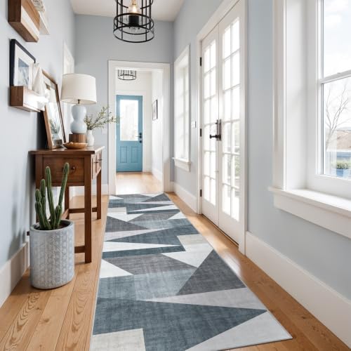 3x10 Washable Geometric Runner Rug - Non-Slip Modern Hallway Rugs Blue Grey - color: Blue/Grey, size: 3' x 10' (Rectangular)
