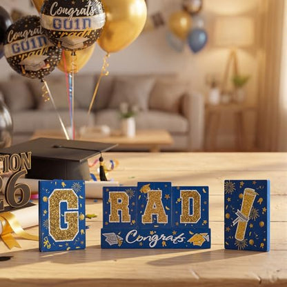 Smile GRAD Wooden Block Decor Set, 6-Piece Blue(Science) & Gold Glittered Letter Blocks with Congrats Banner, Tiered Tray Tabletop Signs for Graduation Party Decorations - style: Grad Blue