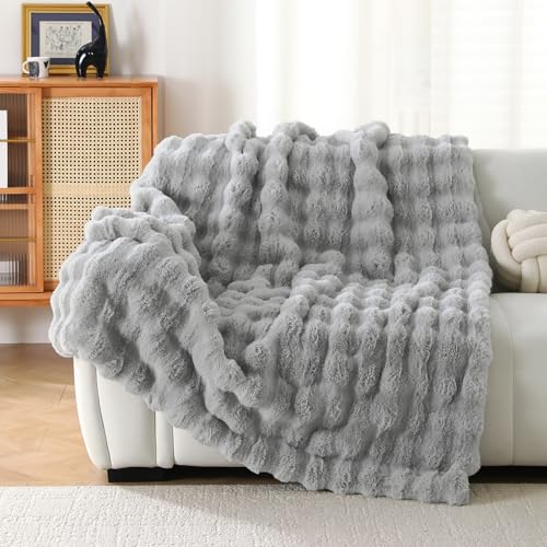 MERRYLIFE Luxury Faux Fur Throw Blanket for Couch Bed Light Grey, 60" 80" - color: Light Grey, size: 60"*80"