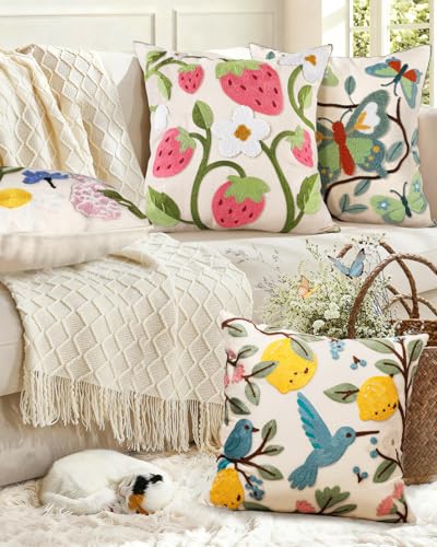 Embroidered Throw Pillow Cover 18x18 Inch, Branch Strawberry - color: Branch-strawberry, size: 18" x 18" (Pack of 1)