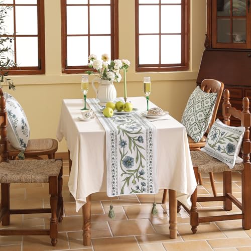 ISAENNE Designer French Linen Extra Long Table Runner,118"x12"-Mosella E - color: Mosella E, size: 12X118 Inches