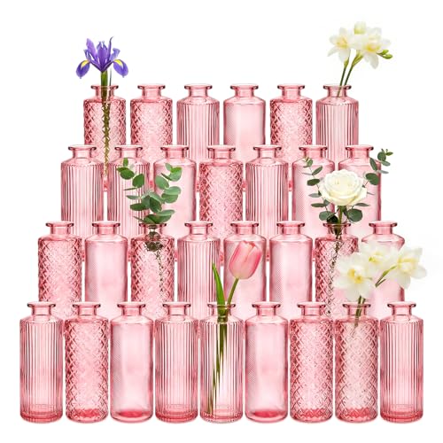Glass Bud Vases 30 Pack, Small Pink Flower Vases for Centerpieces in Bulk - color: Pink