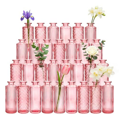 Glass Bud Vases 30 Pack, Small Pink Flower Vases for Centerpieces in Bulk - color: Pink