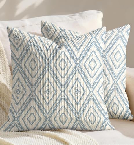 Corduroy Throw Pillow Covers 18x18 - Set of 2 Decorative Spring Pillow Covers with Zipper Farmhouse Decor Modern Throw Pillowcases for Couch Sofa Living Room Home Bedroom, Blue Diamond - color: Blue Diamond, size: 18" x 18" (Pack of 2)