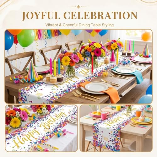 72 x 13 Inch Happy Birthday Table Runner, Colorful Confetti Birthday Decorations - color: White-1pc