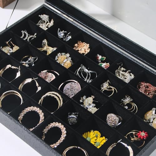 Coward Ring Earring Jewelry Organizer Box, 35 Grids Dustproof Display Holder Case, Black Velvet Jewelry Bead Display Tray Case with Transparent Glass Lid for Momen Girls - color: Black Velvet, size: 35Grids Box