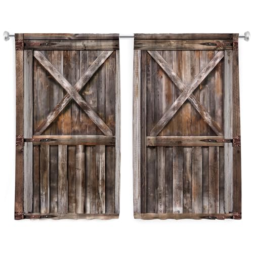 Wooden Rustic Barn Door Brown Wood Farmhouse Kitchen Curtains over Sink - color: E-brown, size: 27.5"W x 39"L (Pack of 2)
