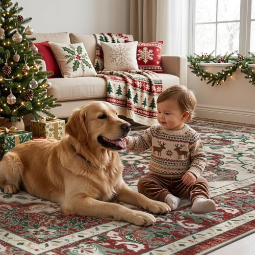 U'Artlines Red Christmas Area Rug 6x9 Boho Washable Soft Holiday Carpet - color: Christmas Red, size: 6' x 9' (Rectangular)
