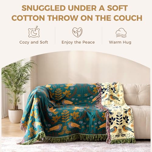 LUTBM Boho Throw Blanket for Bed 60"x80", 100% Cotton Cozy Couch Blankets - color: Animal-bird-a, size: 60"×80"