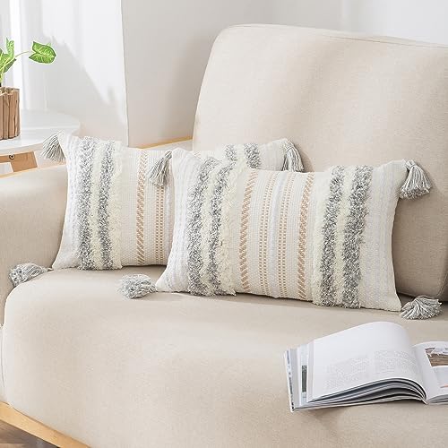 decorUhome Light Grey and Cream White Throw Pillow Covers 12x20 Set of 2 - color: Light Grey and Cream White, size: 20" x 12" (Pack of 2)