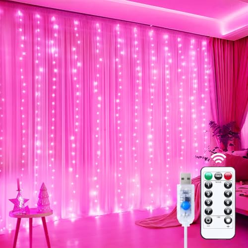 Minetom Curtain Lights, 300 LED Dimmable Twinkle Fairy Lights, 8 Modes - color: Pink, size: 1 Pack