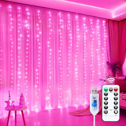 Minetom Curtain Lights, 300 LED Dimmable Twinkle Fairy Lights, 8 Modes - color: Pink, size: 1 Pack
