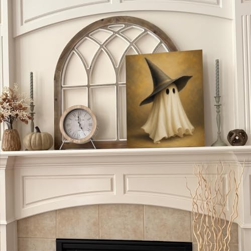 Halloween Wall Art Decor, Cute Ghost Witch Hat Canvas Print Framed Poster - color: W