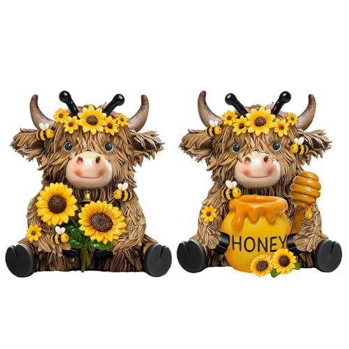 2 Pack Bee Highland Cow Figurine Decor, Bee Deor for Home - style: Bee