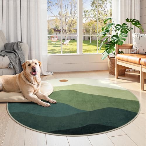 4ft Abstract Green Round Rug, Boho Mountain Circle Classroom Rugs - color: Green, size: 4' (Round)