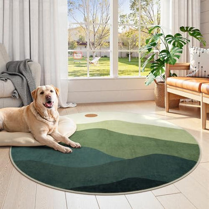 4ft Abstract Green Round Rug, Boho Mountain Circle Classroom Rugs - color: Green, size: 4' (Round)