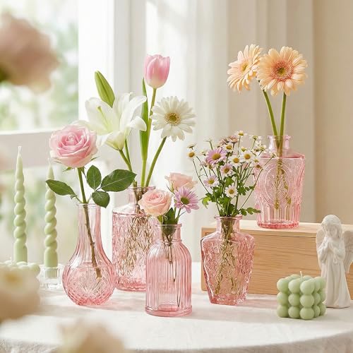 Glass Bud Vases in Bulk Small Mini Pink Vase for Flowers 17pc - color: Pink