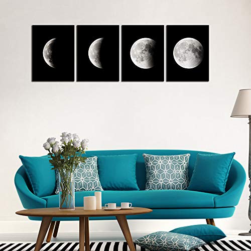 Wieco Art Eclipse of the Moon Modern Canvas Prints Wall Decorations for Living Room Abstract Space Black and White Pictures to Photo Paintings on Canvas Wall Art for Home Decorations Wall Decor - size: 12x16inchx4pcs (30x40cmx4pcs)