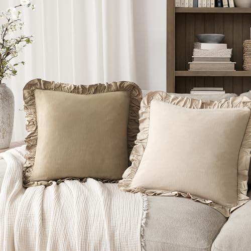 Foindtower Linen Fringe Ruffle Throw Pillow Covers 18×18 Inch Light Brown - color: Cocoa Brown, size: 18" x 18" (Pack of 2)