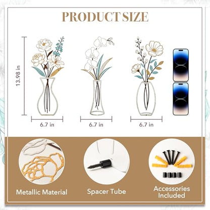 CarryWise 3 Piece Metal Flower Wall Art for Bedroom Living Room, Flower Blue gold - color: Blue Gold & Vase Flower