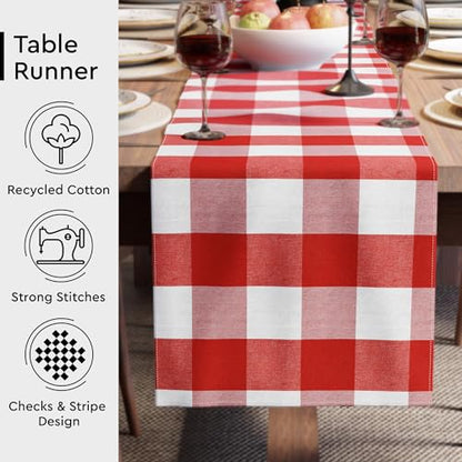 Encasa XO Table Runner, Woven Cotton Dining Linens 13"x72" Red - color: Buffalo Red Checks, size: 13x72 in