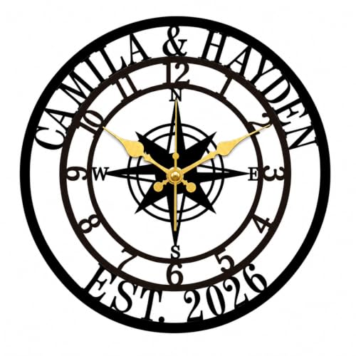 Personalized Wall Clock, Custom Family Name Metal Clock, Compass Wall Decor - color: Design9