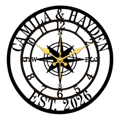 Personalized Wall Clock, Custom Family Name Metal Clock, Compass Wall Decor - color: Design9