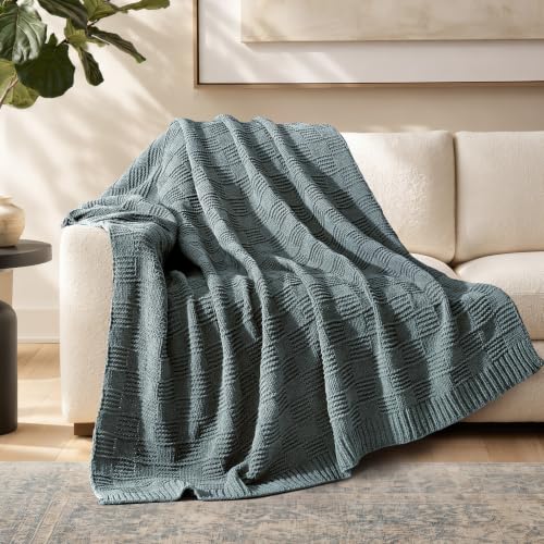 EVERGRACEHOME Modern Checkered Chenille Throw Blanket, 50x60, Stormy Blue - color: Stormy Blue, size: 50" X 60"