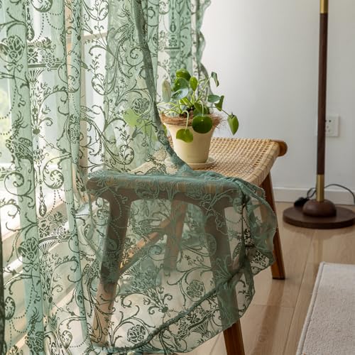 TUDECO Green Lace Sheer Curtains 72 Inch Length, Ruffle Edges, 2 Panels - color: Olive Green, size: 59"W x 72"L (Pack of 2)