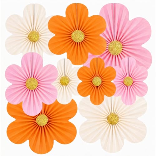 Spring Flower Paper Fan Decorations, 9PCS Party Cream Hanging Fans for Hello Spring Party, Birthday, Wedding, Classroom, Home Office Graduation Mother Father's Day Floral Backdrop Decor -Orange - style: Orange Sunset