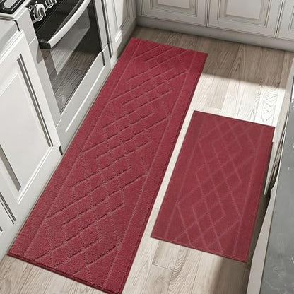 BEQHAUSE Kitchen Rugs Set of 2 Non Slip Runner, 24"x36"+24"x60", Red - color: Burgundy Red, size: 24" X 36" + 24" X 60"