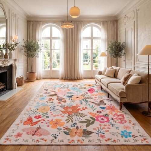 ThreadGlobe Patterned Washable 5x7 Area Rugs Modern for Living Room, Beige - color: Beige Flower, size: 5' x 7'