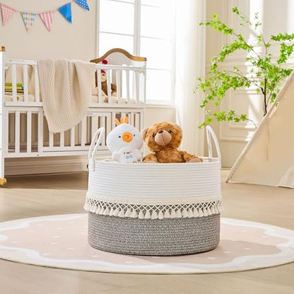 KAKAMAY Large Blanket Basket with Handles, Storage Basket for Living Room - color: Beige Fringe