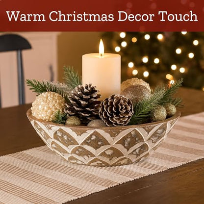 Mie Creations 10'' Decorative Wooden Bowl, Wood Serving Bowl for Fruits, Salad, Desserts, Snacks, Popcorn, Kitchen Counter | Rustic Table Centerpiece Thanksgiving Christmas Decor- 10x3 inch Whitewash