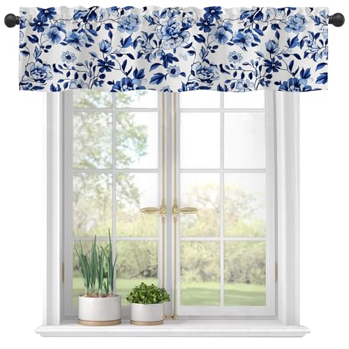Navy Watercolor Flowers Semi Sheer Valance Windows Curtain, Rod Pocket Short Window Treatment Light Filtering Decor for Kitchen Living Room Bedroom - 42"x12" - color: Navy Watercolor Flowers, size: 12"W x 42"L (Pack of 1)