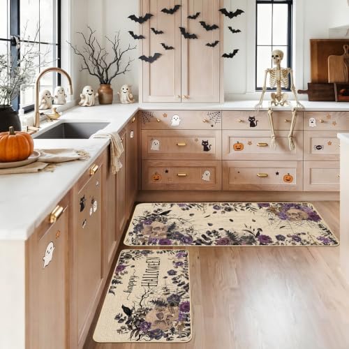 Baccessor Halloween Skull Kitchen Rugs Set of 2, 17x29 and 17x47 Inch - color: Purple Floral