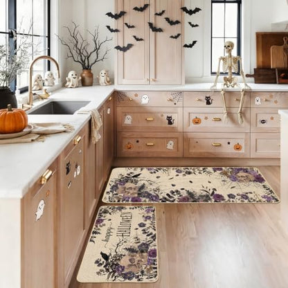 Baccessor Halloween Skull Kitchen Rugs Set of 2, 17x29 and 17x47 Inch - color: Purple Floral