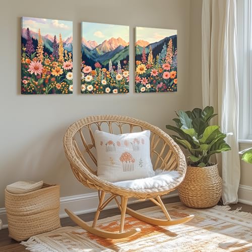 Hianan Wrapped Canvas Boho Moutain Wildflower Wall Art Set of 3, 12x16 in - color: Colourful, size: 16"L x 12"W