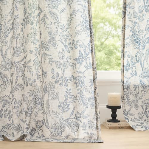 Lazzzy Extra Long Blue Floral Linen Curtains Farmhouse Rod Pocket 2 Panels - color: Blue on Beige, size: 50"W x 108"L (Pack of 2)