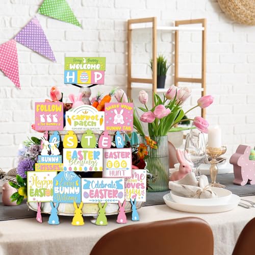 Amyhill 30 Pcs Easter Tiered Tray Decor Spring Easter Decorations Pastel Bunny Egg Farmhouse Wooden Signs Tiered Tray Decor for Home Kitchen Coffee Bar Table Shelf - style: Rustic Easter