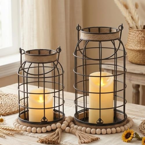 Rustic Farmhouse Candle Lantern, 2Pcs Decorative Lantern Decor with Candles
