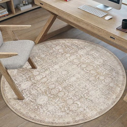 Beige 5R Area Rug Neutral Distressed Carpet - color: Accent | Beige, size: 5' (Round)