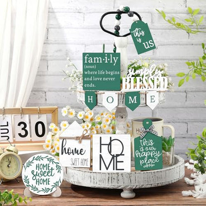 FairySandy 11 Pcs Home Tiered Tray Decor Green Rustic Wooden Signs - style: Green Style