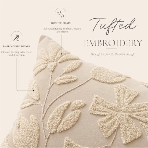 BlissBlush Decorative Throw Pillow Cover 20x20, Beige Neutral Velvet Accent Cushion Cover for Couch Sofa Living Room, Floral Tufted Square Pillowcase (Cover Only) - color: Beige Cream, size: 20" x 20" (Pack of 1)