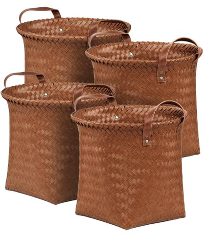 Wicker Storage Baskets, 4 Pack Woven Baskets for Shelves, Brown - color: Round Brown