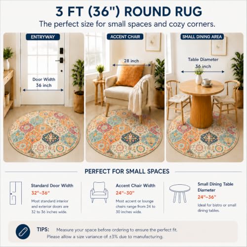 Lahome Moroccan Washable Circle Rug, Soft Small Round Rug 3ft Non-Slip - color: Burnt Orange/Teal Multi, size: 3' (Round)